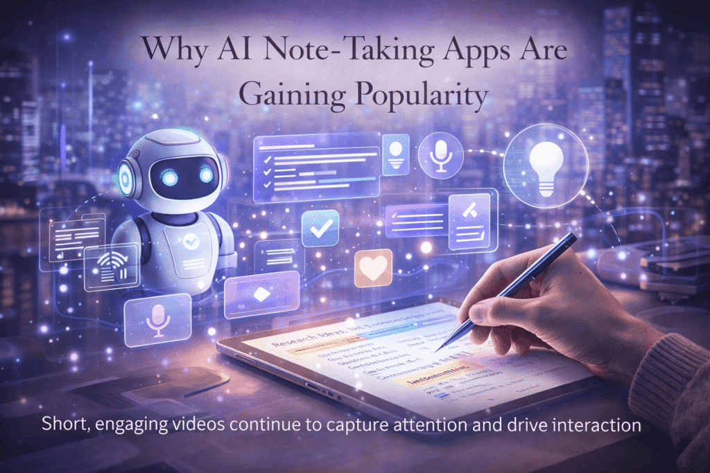 Person using an AI-powered note-taking app on a digital tablet with futuristic interface and smart assistant visuals
