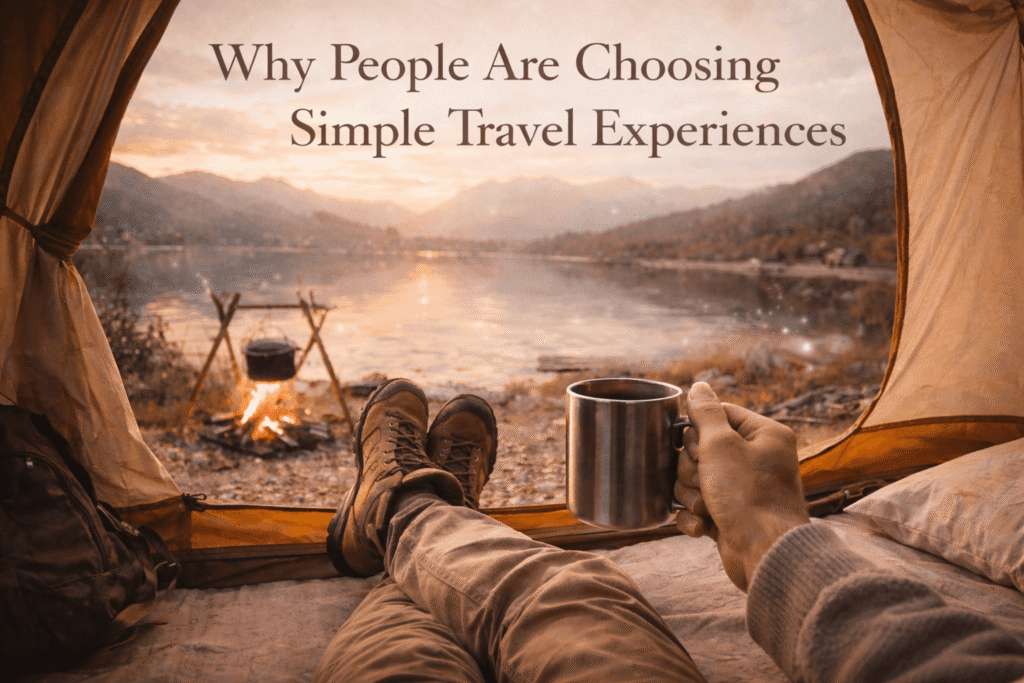 Person enjoying a simple travel experience while relaxing in a tent by a lake at sunset, reflecting mindful and slow travel