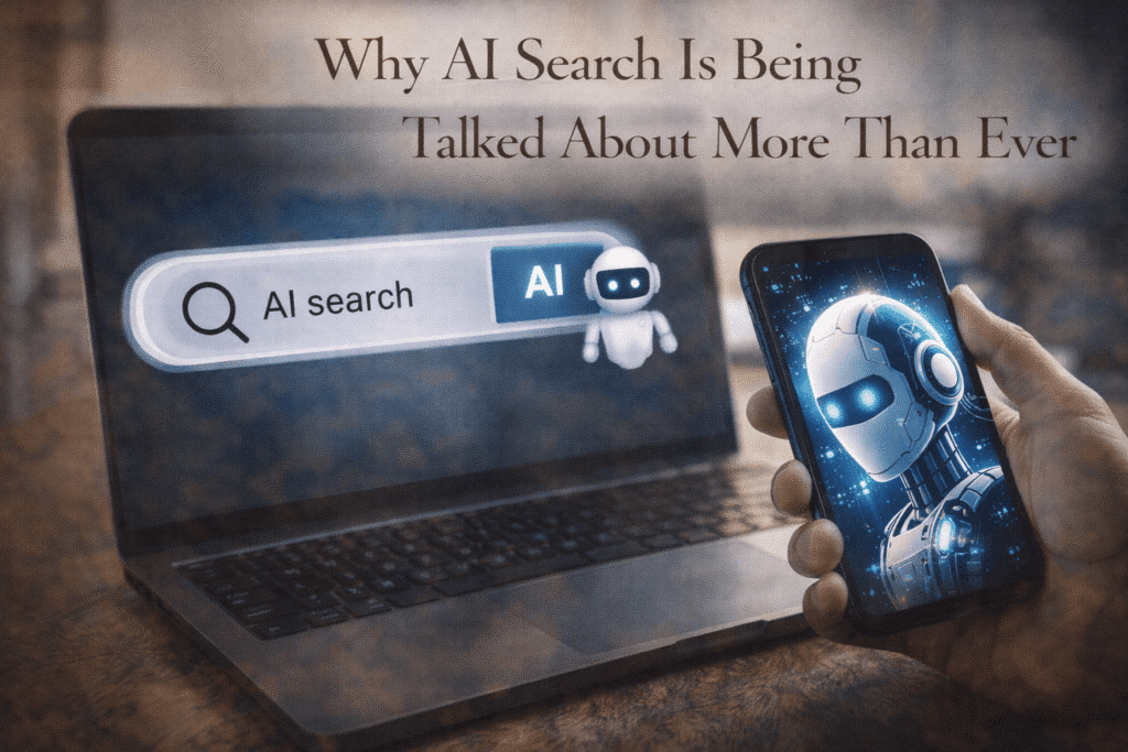 AI-powered search interface shown on a laptop and smartphone, representing the growing interest in AI-driven search technology