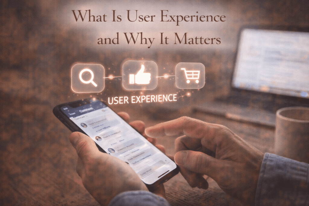 User interacting with a mobile app interface, representing the importance of user experience in digital products