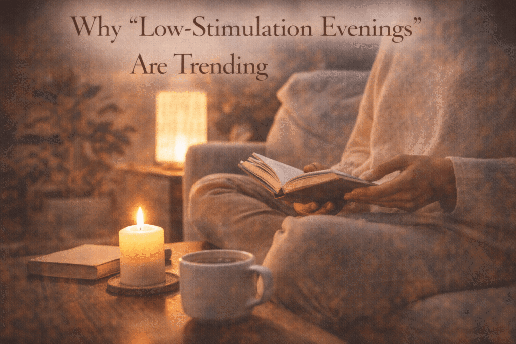 Person relaxing during a low-stimulation evening with a book, candlelight, and warm lighting in a quiet home setting