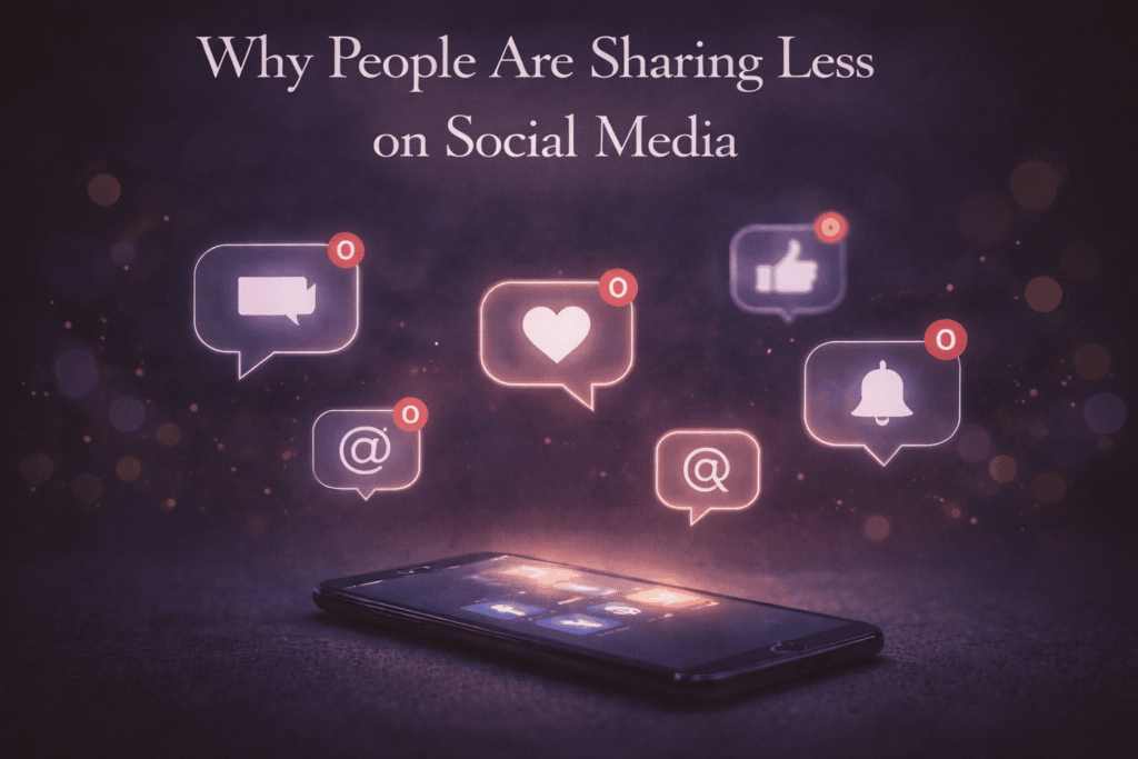 Smartphone with social media apps showing low activity, representing why people are sharing less on social media