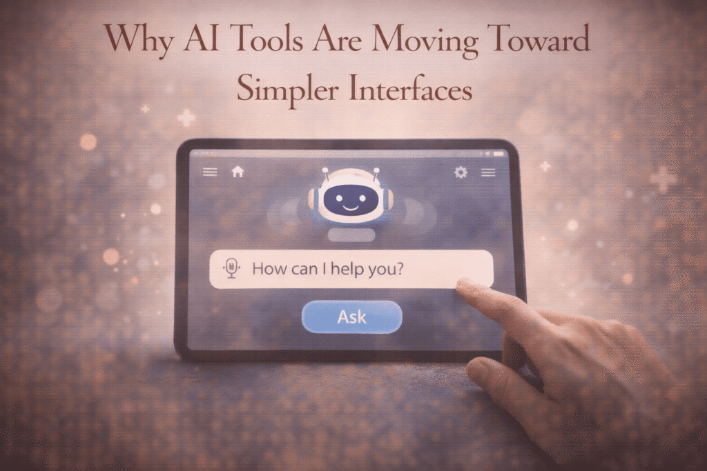Minimal AI tool interface with a simple input field and single action button, representing the shift toward simpler AI design