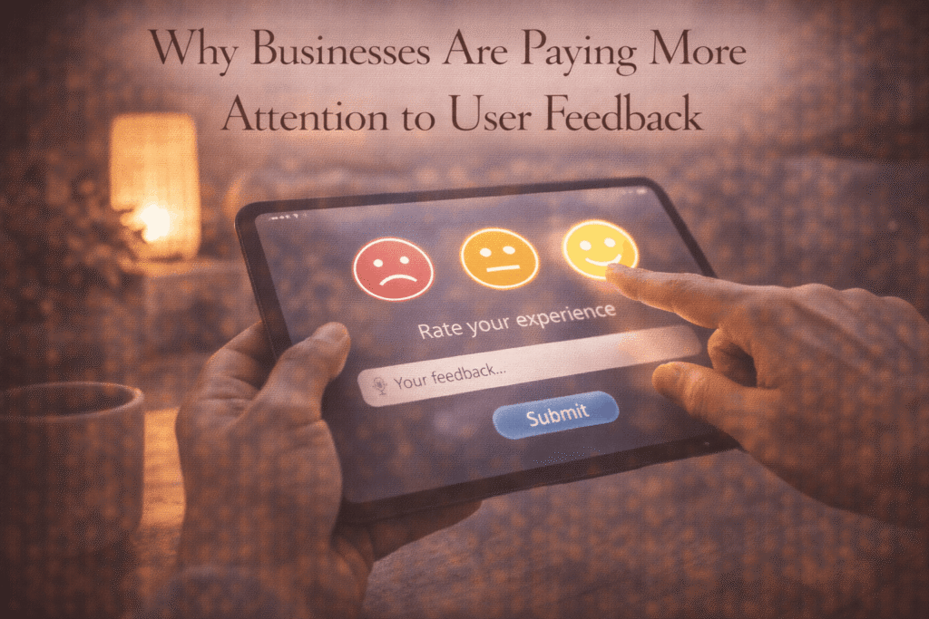 User submitting feedback on a digital survey using a tablet, showing why businesses are focusing more on user feedback