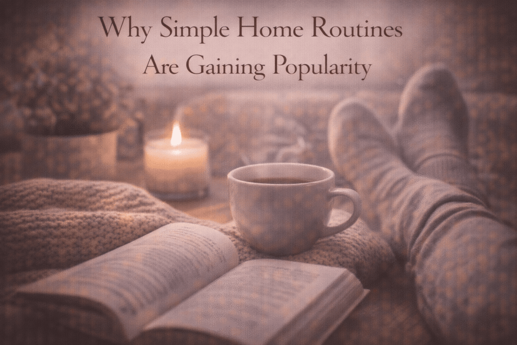 Cozy home routine with a book, warm drink, candlelight, and soft textures, representing simple daily home routines