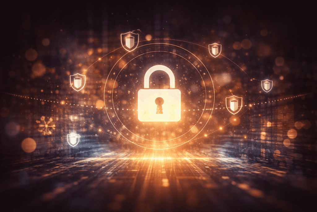 Abstract digital privacy concept with a glowing lock and shield icons, representing the move toward private online communities