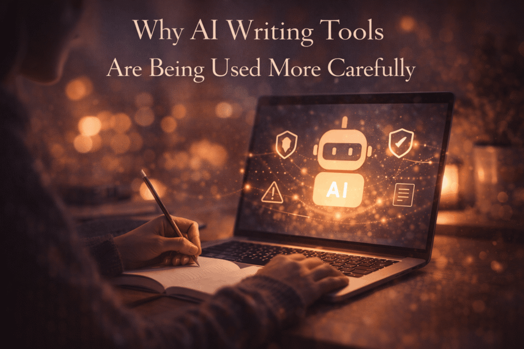 Person carefully using an AI writing tool on a laptop while taking notes, representing more thoughtful and responsible AI use