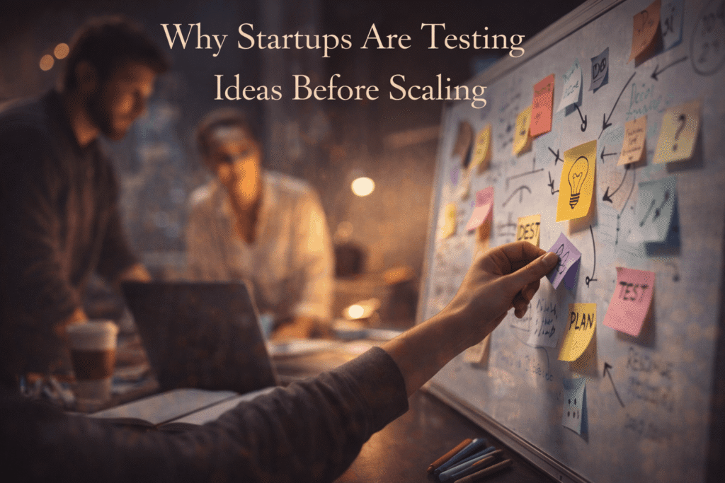 Startup team testing ideas using sticky notes and planning boards before scaling their product