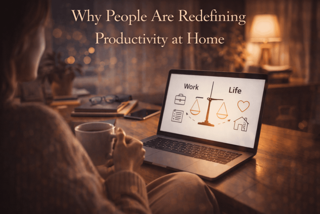 Person relaxing at home with a book, coffee, and laptop nearby, representing a new definition of productivity at home