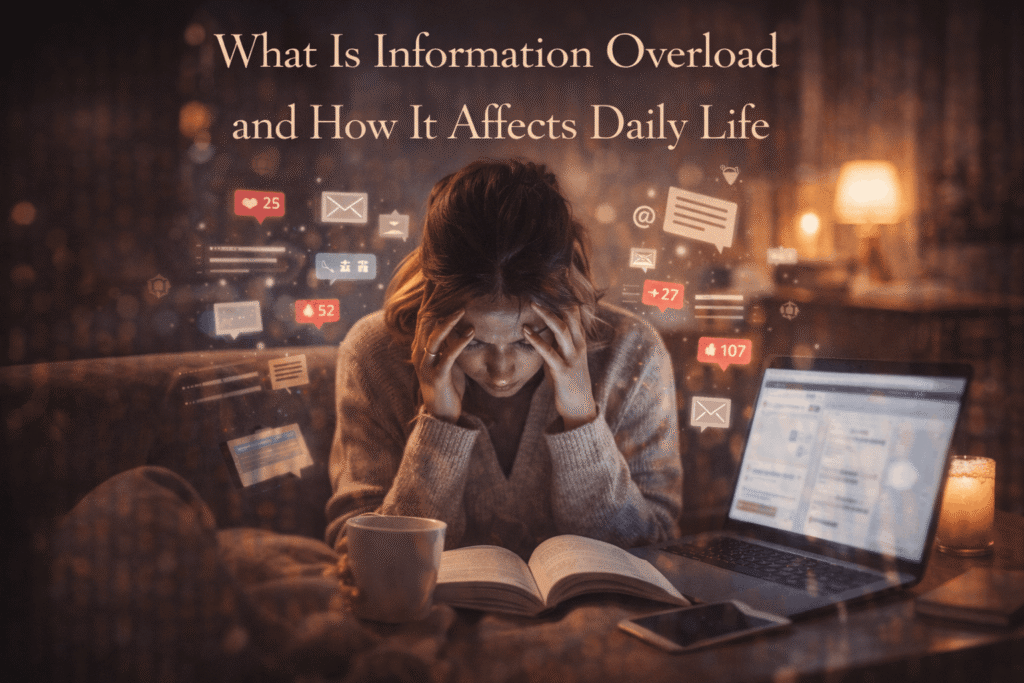 Person feeling overwhelmed by notifications from multiple digital devices, representing information overload in daily life