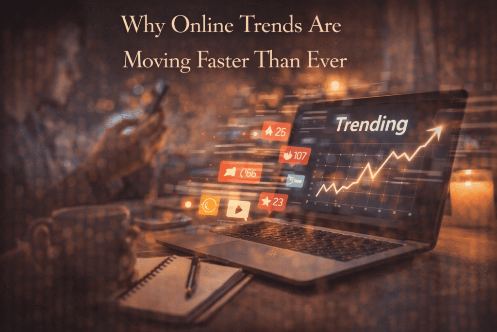 Rapidly changing online trends shown through social media icons, smartphone use, and a rising digital trend graph