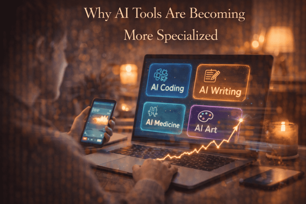 Person using a laptop with specialized AI tools for writing, coding, medicine, and creative tasks