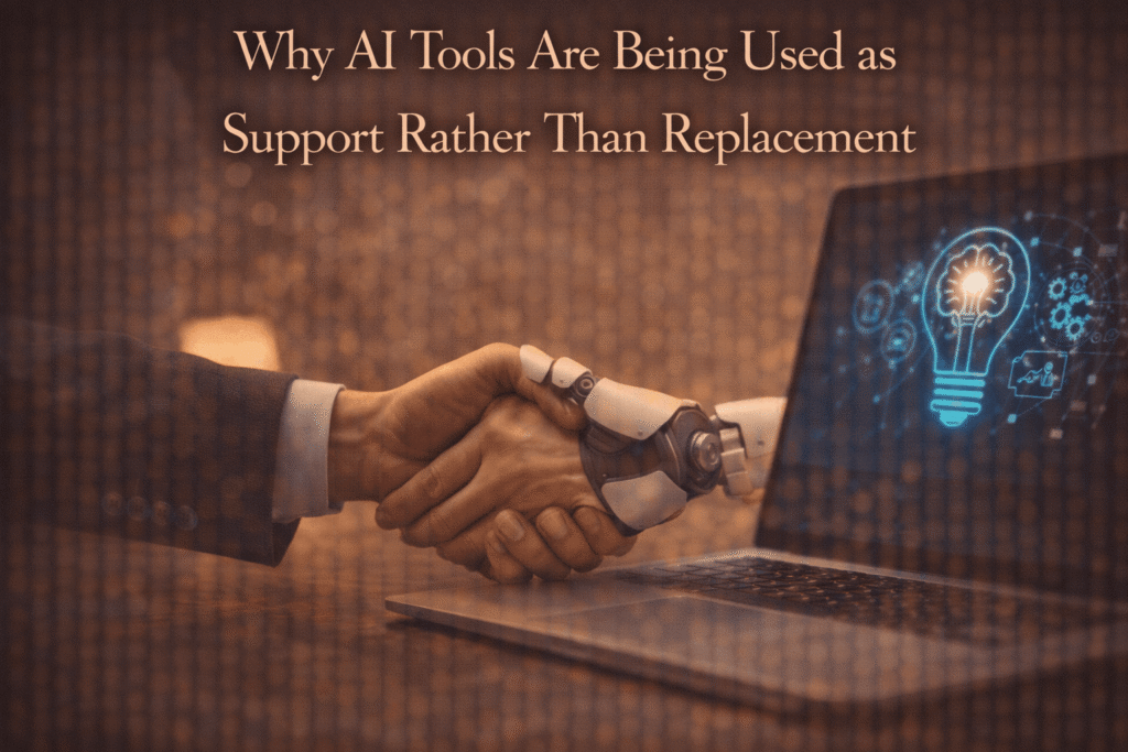 Human and AI hands shaking near a laptop, representing AI tools being used as support rather than replacing people