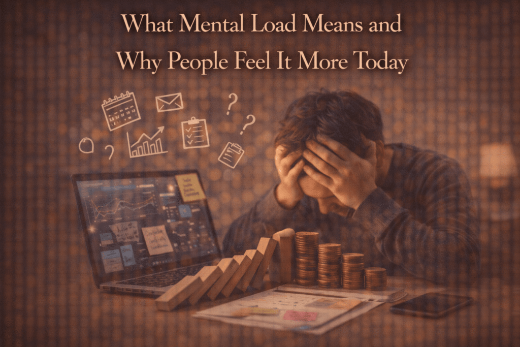 Person feeling overwhelmed by mental load while managing multiple tasks and responsibilities at a desk