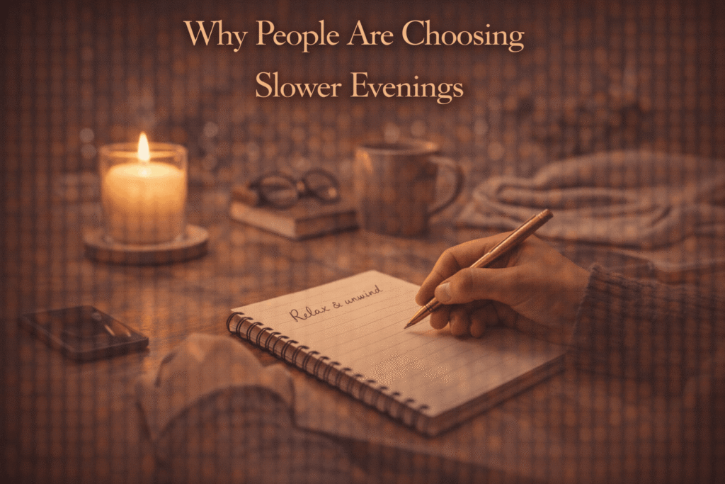 Person journaling during a slow evening with candlelight, representing a shift toward calmer nighttime routines