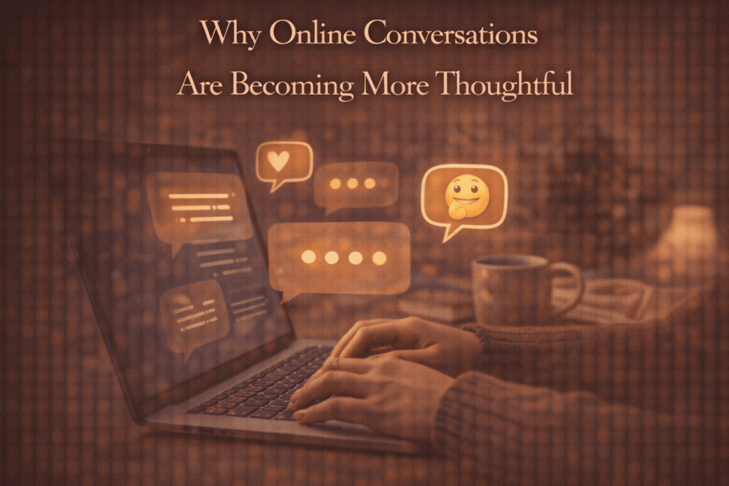 Person typing a message on a laptop with calm chat bubbles, representing more thoughtful online conversations