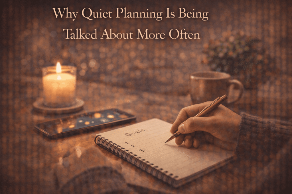 Person quietly writing goals in a notebook by candlelight, representing the rise of quiet planning habits