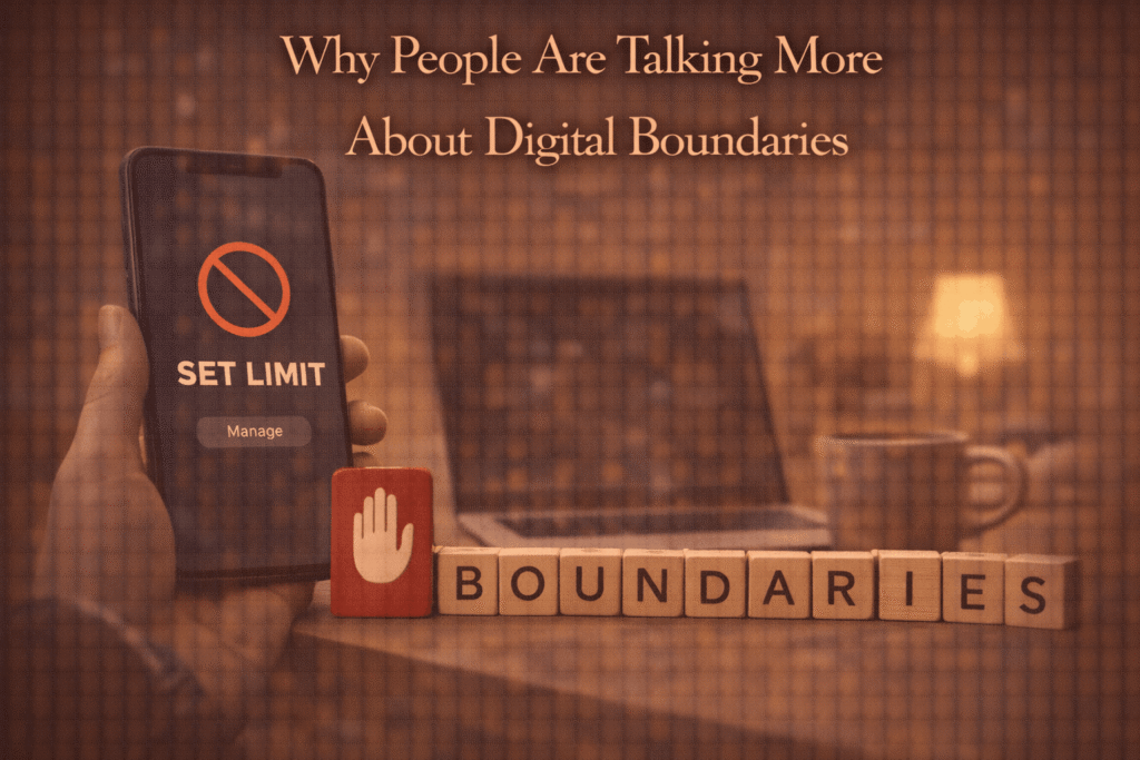 Smartphone showing a usage limit next to boundary blocks, representing growing awareness of digital boundaries
