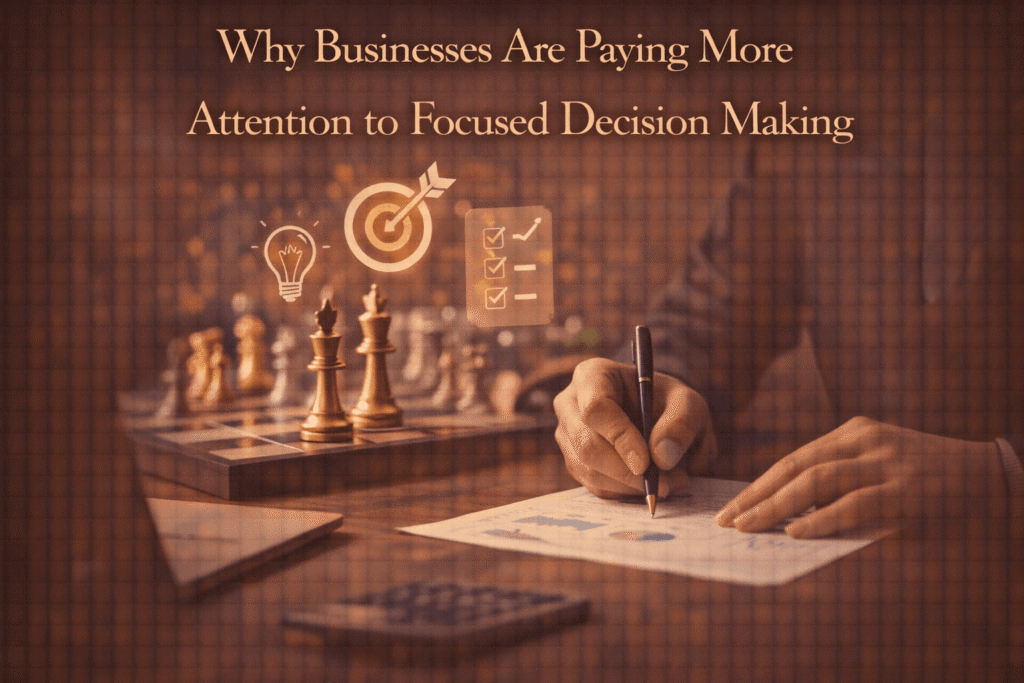 Business professional analyzing data and strategy with a chessboard, representing focused decision making in modern businesses