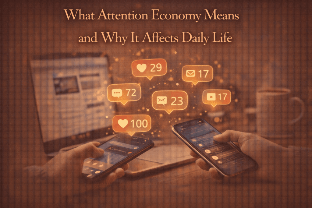 Smartphones displaying constant notifications and engagement icons, representing the attention economy and its impact on daily life