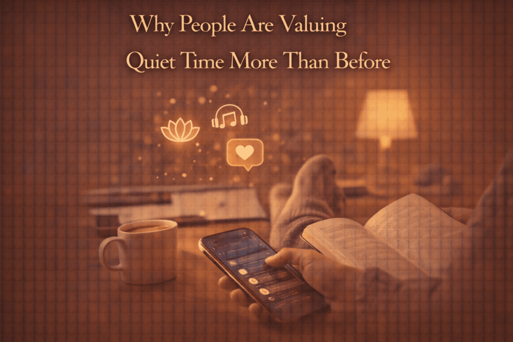 Person enjoying quiet time at home with a book and warm drink, reflecting the growing value of calm and stillness