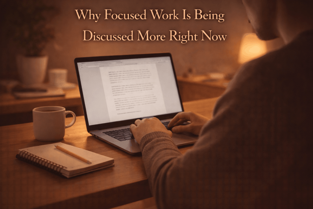 Person working with deep focus at a quiet desk using a laptop and notebook, representing the rise of focused work