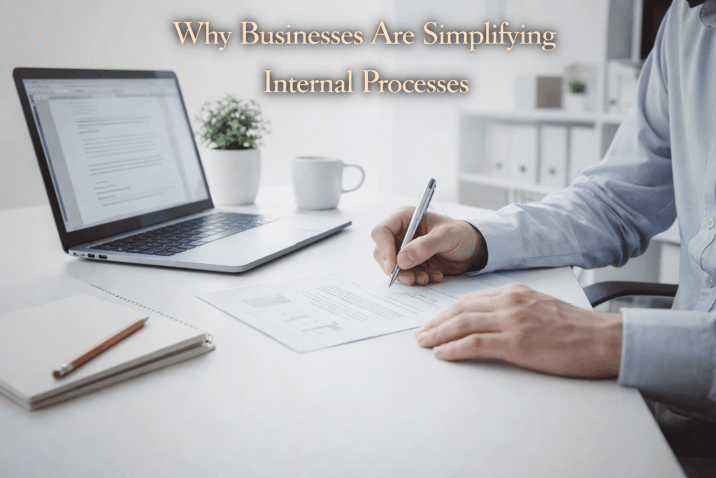 Business professional reviewing documents at a clean desk, representing simplified internal processes and efficient workflows