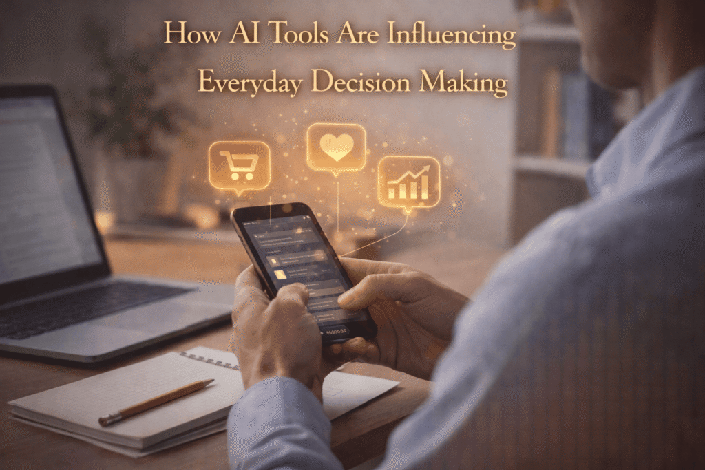 Person using a smartphone with AI-powered suggestions, showing how AI tools influence everyday decision making