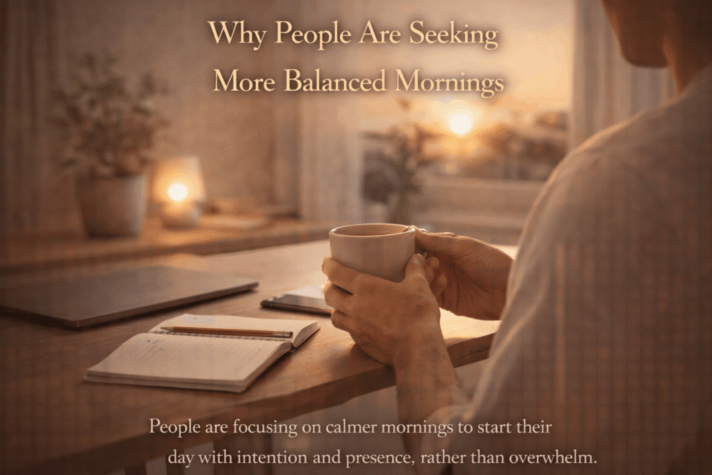 Person enjoying a calm morning routine with a warm drink, notebook, and soft sunlight, representing balanced mornings