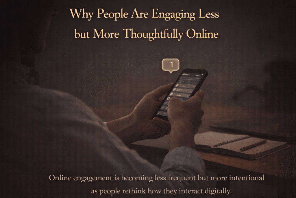 Person thoughtfully engaging with online content on a digital device, representing more mindful and intentional online interaction